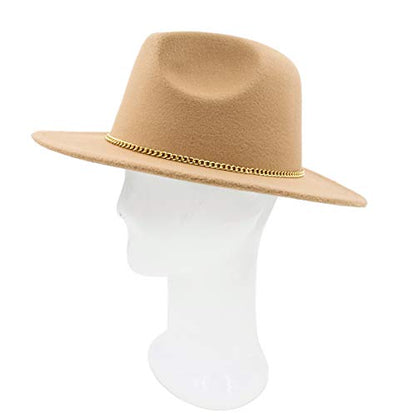 Premium 3" Wide Brim Solid Color Felt Gold Chain Fedora Panama Hat - color: Tan