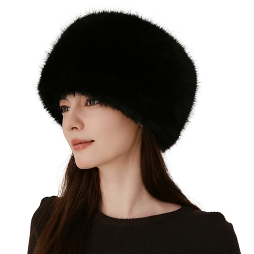 Women's Winter Faux Fur Cossack Russian Style Hat, Soft Stretch Warm Cap - color: Black