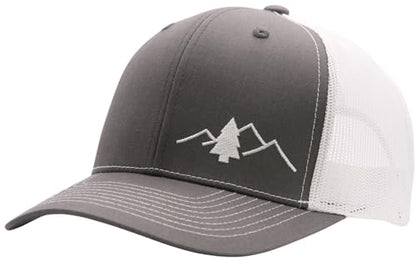 LINDO Trucker Hat [ Great Outdoors Design ] for Men and Women: Mid Profile Cap with Breathable Mesh Back and Adjustable Snap - color: Gray/White
