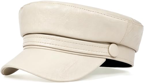 Women PU Leather Newsboy Cap Vintage Military Flat Top Beret Style Hat - color: White