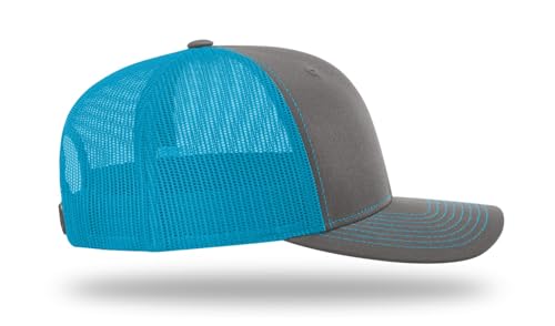 Richardson 112 Trucker Hat - Premium Blank Baseball Cap, Adjustable Snapback Hat - Structured Six Panel Richardson Blank Hats - color: Charcoal/Neon Blue