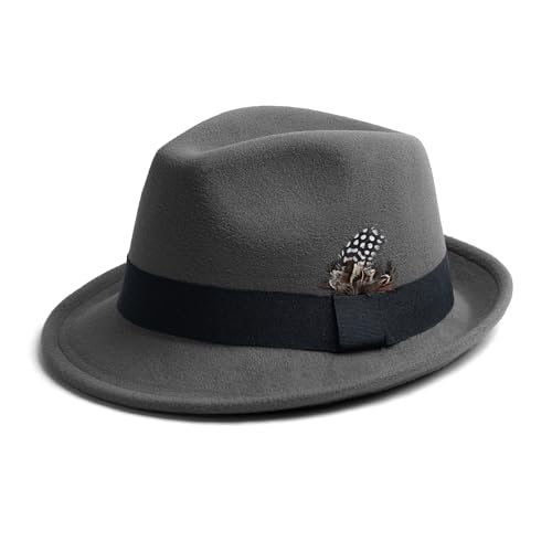 Short Brim Fedora Hat for Men Women Felt Trilby with Feather - color: Dark Grey