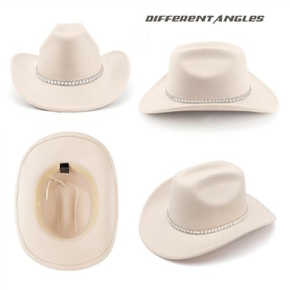 DRESHOW Western Cowboy Hat for Women and Men Wide Brim Glitter Cowboy Cowgirl Hat with Rhinestone Felt Fedora Hats - color: 1 Pack Style 10: Off-white