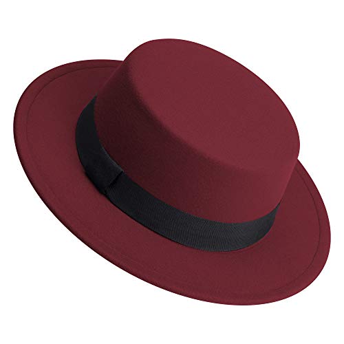 Classic Fedora Hat Flat Top Hat Felt Pork Pie Hat Wide Brim Church Derby Cap for Women and Men - color: Wine Red
