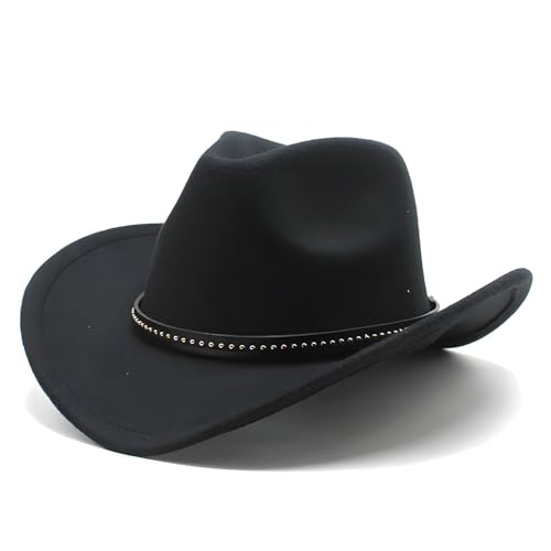 Vintage Western Cowboy Hat, Wide Brim Cowboy Hat with Braided Rope for Men and Women, Fashion Cowboy Accessories, Size:M, Black (Black-Rivet Belt)