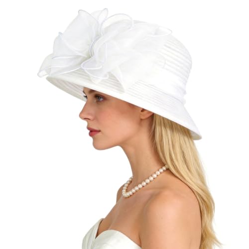 Ruphedy Women Derby Church Dress Bucket Hat Fascinators Tea Party Wedding Hat - color: S051-white