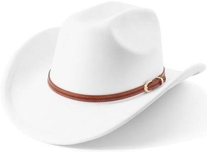 DRESHOW Cowboy Hat for Women and Men Wide Brim Western Cowboy Cowgirl Hat with Belt Buckle Unisex Rolled up Caps - color: White
