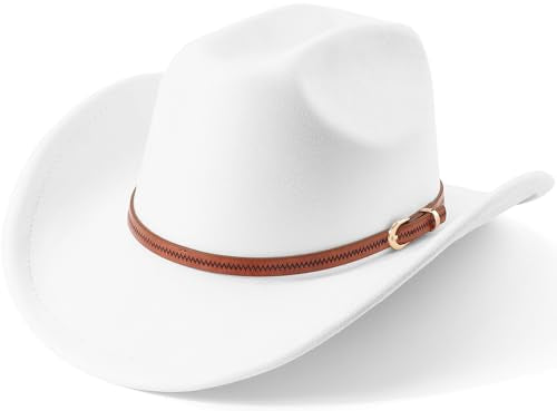 DRESHOW Cowboy Hat for Women and Men Wide Brim Western Cowboy Cowgirl Hat with Belt Buckle Unisex Rolled up Caps - color: White