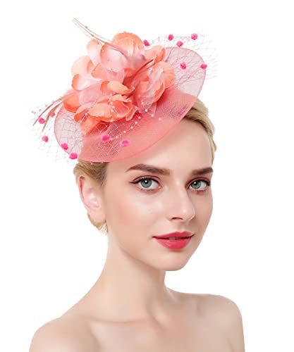 JWICOS Fascinators Hat for Women 50s Flower Hat with Veil Cocktail Wedding Tea Party Church Derby Hat - color: Coral