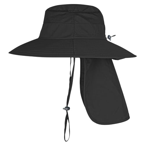 ZOORON Sun Hats for Men Women with Neck Flap Fishing UPF 50+ UV Protection - color: Black