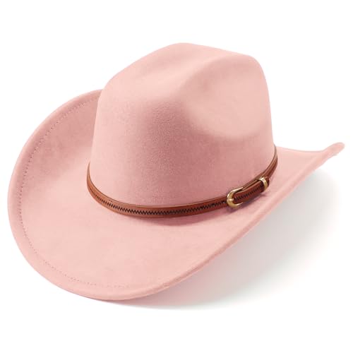 Western Cowboy Hats for Women Classic Felt Wide Brim Fedora Hat with Belt Buckle Retro Panama Hat Unisex Rolled up Cap - color: Suede Cowboy Hats : Pink, size: Medium