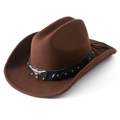 Lanzom Cowboy Hat for Women and Men with Shapeable Wide Brim Felt Western Hats for Cowboys and Cowgirls - color: Coffee