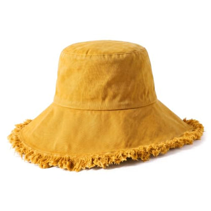 CHOK.LIDS Frayed Bucket Hat Washed Cotton Floppy Wide Brim Boonie Cap - color: Mustard