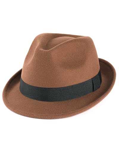 FURTALK Fedora Hats for Men Women Short Brim Felt Trilby Hat with Ribbon - color: Brown