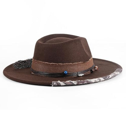 Big Brim Fedora Mens Women Boho Hat Handmade Dress Up Hats - color: Brown
