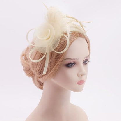 DRESHOW Fascinators Hats for Women Tulle Feather Tea Party Fascinator Hats - color: Beige