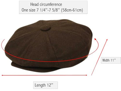 Oversized Men's Super Big 100% Wool 8 Panel Applejack Newsboy Cabbie Gatsby 20 Generation Hats (Not a Regular Apple hat) - color: Solid Brown