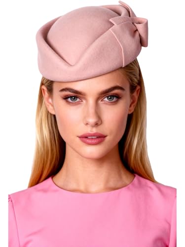 HIMESPORT Wool Felt Bowler Fascinators Hats for Women Ladies Female Elegant Wedding Tea Party Beret Hat with Bowknot - color: Pink