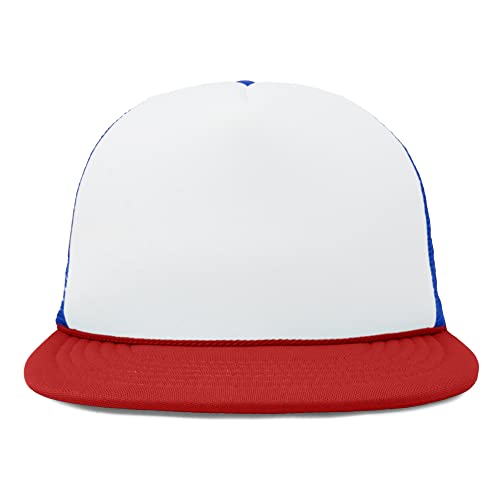 DALIX Flat Billed Trucker Hat Mesh Back S M L Adjustable Cap Solid Two Toned Snapback - color: Red-white-royal, size: One Size