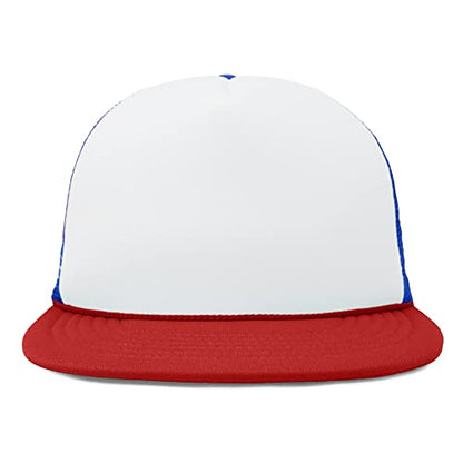 DALIX Flat Billed Trucker Hat Mesh Back S M L Adjustable Cap Solid Two Toned Snapback - color: Red-white-royal, size: One Size