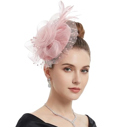 DRESHOW Fascinators Hats for Women Tea Party Hat Vintage Derby Pillbox Kentucky Hat Church Cocktail Headwear - color: 1 Pack Flower Feathers: Nude Pink