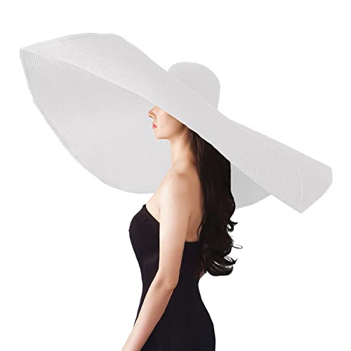 Oversized Beach Straw Hats for Women Floppy, Extra Large Sun Visor Hat Wide Brim Summer Roll Up Big Beach Hat Women Foldable - color: Diameter 90cm White
