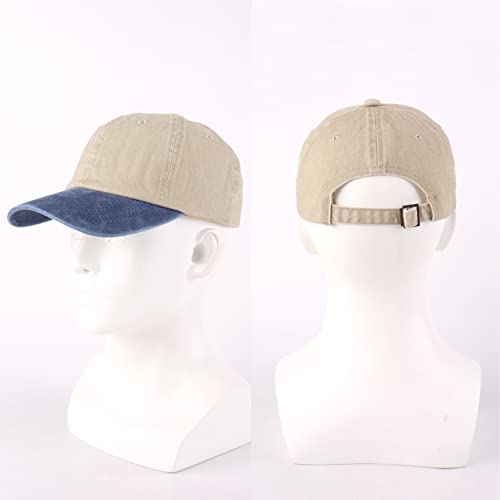 LANGZHEN Unisex Baseball Cap 100% Cotton Fits Men Women Washed Denim Adjustable Dad Hat - color: Khaki Mixed With Denim Blue