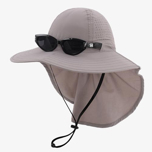 Sun Hats for Men Women with Neck Flap UPF 50+ UV Protection Wide Brim Bucket Hat Safari Hiking Fishing Hats - color: Light Grey
