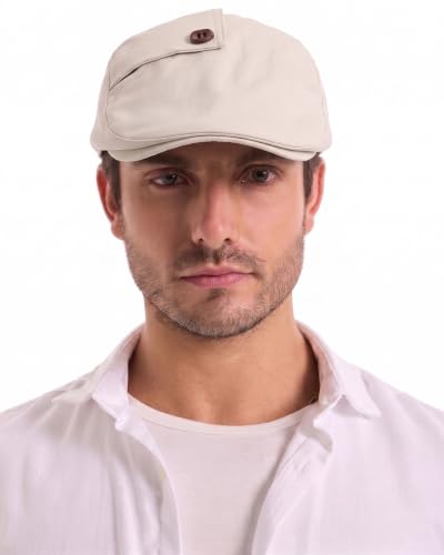 ZLYC Men Cotton Flat Cap Summer Scally Newsboy Beret Driver Hat - color: Button Decor Beige
