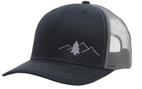 LINDO Trucker Hat [ Great Outdoors Design ] for Men and Women: Mid Profile Cap with Breathable Mesh Back and Adjustable Snap - color: Black/Graphite