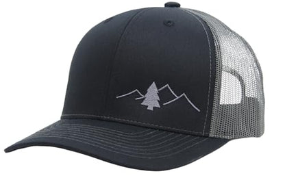LINDO Trucker Hat [ Great Outdoors Design ] for Men and Women: Mid Profile Cap with Breathable Mesh Back and Adjustable Snap - color: Black/Graphite