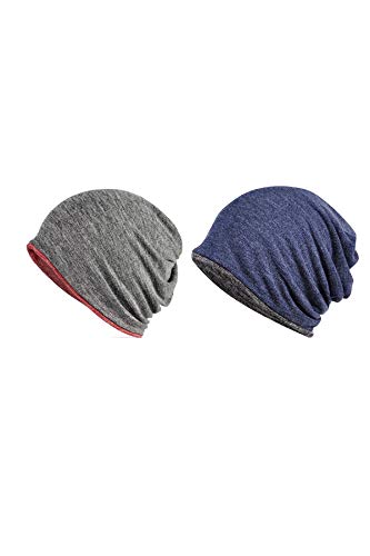 Jeelow Cotton Slouchy Open Top Beanie Hat 2 Pack - color: Navy Grey+grey Red