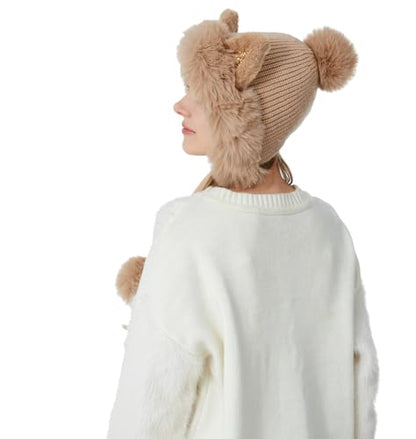HUAMULAN Women Winter Sherpa Knit Beanie Hat Fleece Lined Ear Flaps - color: Khaki Solid