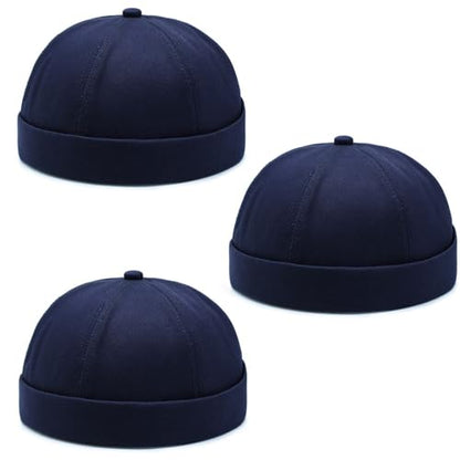 DIYDECAL 3 Pack Mens Brimless Skullcap Sailor Docker Cap Rolled Cuff Retro Beanie Hat - color: Navy Blue