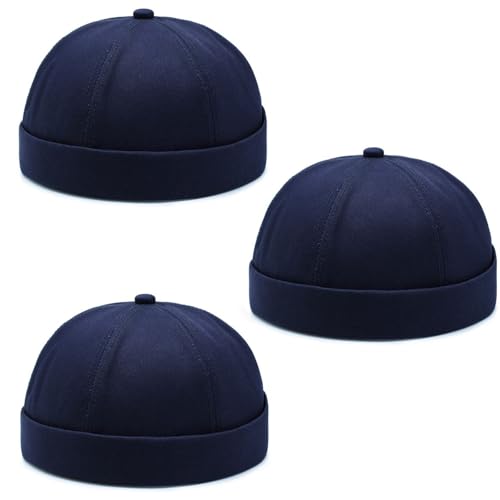 DIYDECAL 3 Pack Mens Brimless Skullcap Sailor Docker Cap Rolled Cuff Retro Beanie Hat - color: Navy Blue