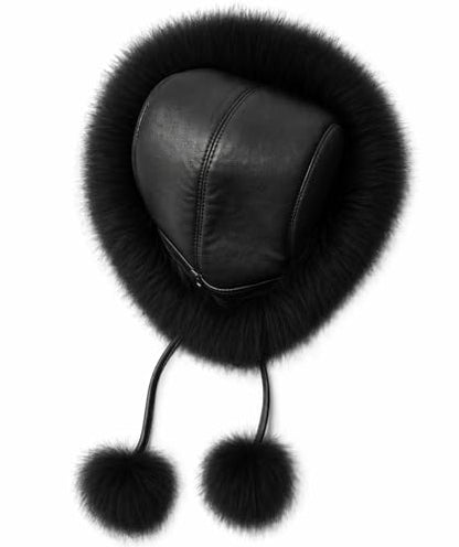 DLNYC Women’s Faux Leather Winter Hat with Faux Fur Trim, Soft Lined Cap with Hanging Cords & Pom-Poms, Warm Stylish Hat - color: Black
