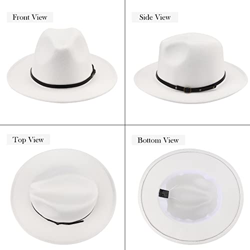 DRESHOW Women Classic Felt Fedora Wide Brim Floppy with Belt Buckle Panama Hat - color: 1 Pc Felt Fedora: White