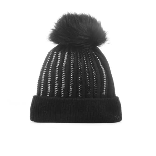 Women Girls Winter Sequin Beanie Hat with Faux Fur Pom Pom Knit Skull Cap - color: Glitter- Black