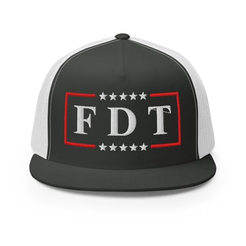 NX FDT Embroidered Flat Bill Trucker Hat High Crown Adjustable FDT Hat - color: Charcoal/ White