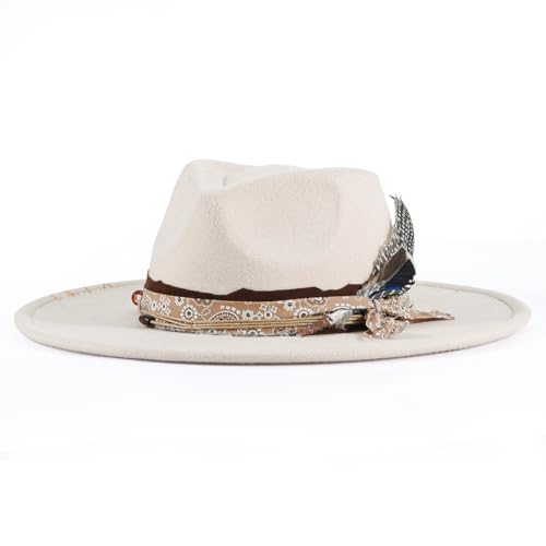 Big Brim Fedora Mens Women Boho Hat Handmade Dress Up Hats - color: Beige