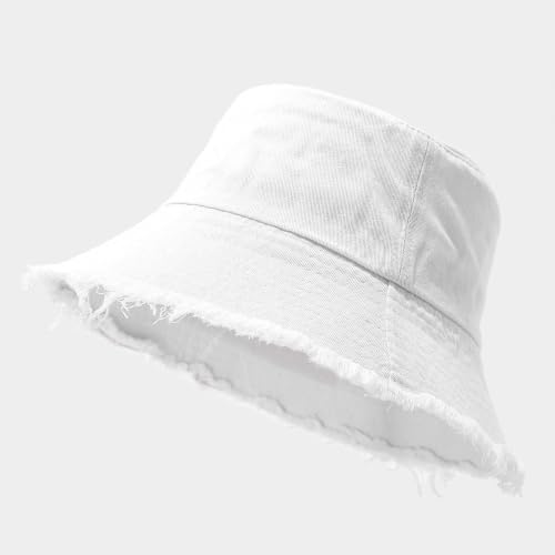 Quanhaigou Frayed Unisex Sun Hats, Fashion Beach Bucket Hat for Men Women,Summer Outdoor Boy's Girls Boonie Cap - color: Vintage White