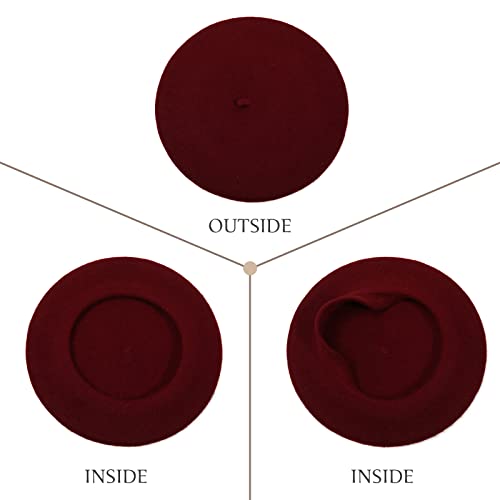 Women French Wool Beret Hats - Solid Color Classic Beanie Winter Cap - color: Thicker-wine Red