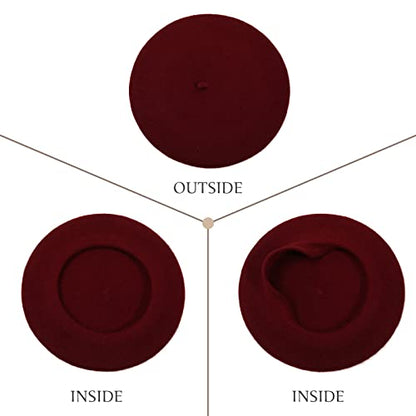 Women French Wool Beret Hats - Solid Color Classic Beanie Winter Cap - color: Thicker-wine Red