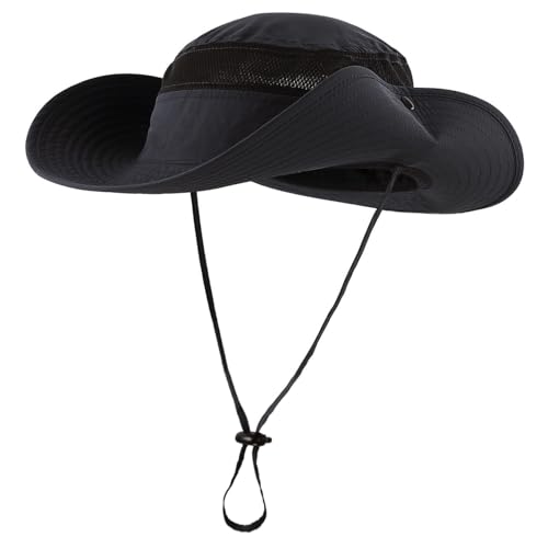 Connectyle UPF 50+ Wide Brim Sun Hat for Men Breathable Cowboy Boonie Hats Outdoor Bucket Hat for Fishing Hiking Safari - color: Black