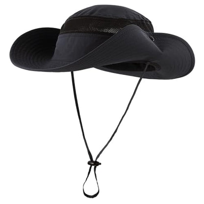 Connectyle UPF 50+ Wide Brim Sun Hat for Men Breathable Cowboy Boonie Hats Outdoor Bucket Hat for Fishing Hiking Safari - color: Black