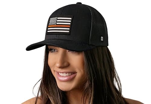 HAKA American Flag Hat | USA Mesh Trucker Snapback Comfort Baseball Cap - color: Black, style: Thin Orange Line