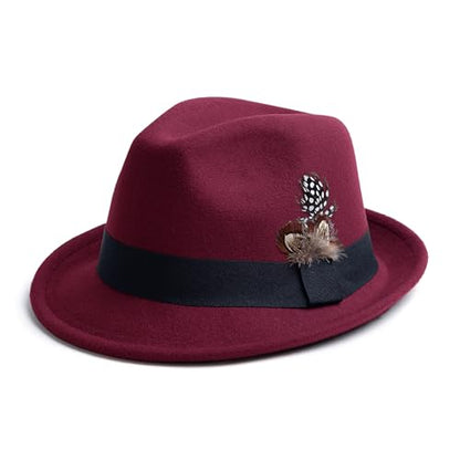 Short Brim Fedora Hat for Men Women Felt Trilby with Feather - color: Burgundy