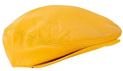 Men's Real Soft Leather Ivy Beret Newsboy Gatsby Golf Cabbie Flat Cap Hats - color: Yellow, size: Large