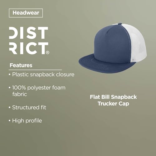 District Flat Bill Snapback Trucker Cap, Flat Brim Hat for Men & Women - color: White