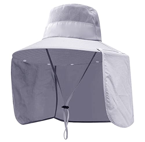 Women Wide Brim Face Mask Sun Hat Detachable Neck Face Flap Ponytail UV Protection Visor Hat Garden Fishing Hiking - color: Bg9215-lightgray